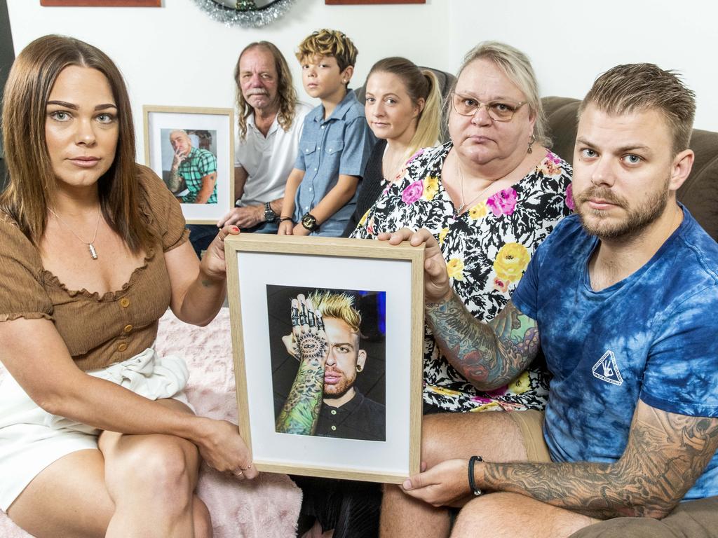 Samantha Wood, Paul Wood, Nash Viner, Brittany Jobling, Lynn Wood and Nicholas Wood with pictures of Jamie. Picture: Richard Walker