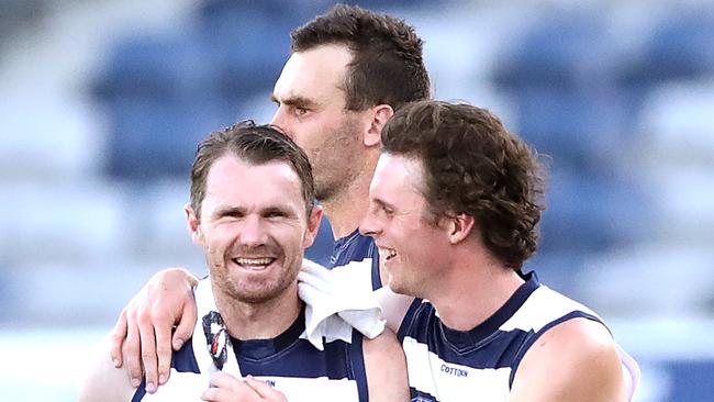 GEELONG, AUSTRALIA - FEBRUARY 23: Patrick Dangerfield of the Cats reacts after the win during the AFL Match Simulation between Geelong Cats and Hawthorn Hawks at GMHBA Stadium on February 23, 2023 in Geelong, Australia. (Photo by Kelly Defina/Getty Images)