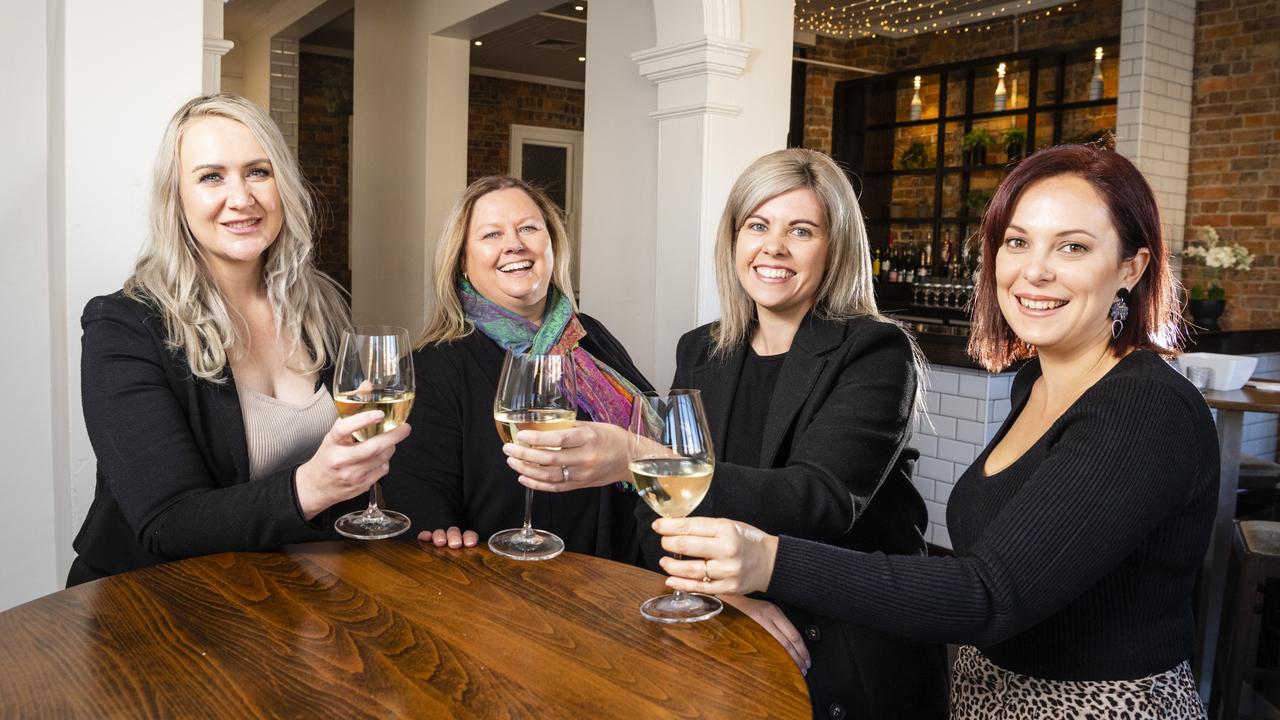 Social Me get ready for their first function (from left) Fiona Gersekowski, Sarah Berry, founder Mikaela Smith and Kristy Carroll at Fitzy's. Picture: Kevin Farmer