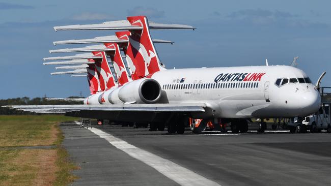 Grounded Qantas aircraft parked at Brisbane Airport. Picture: AAP Image/Darren England