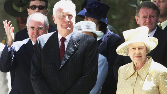 Queen Elizabeth II with Governor-General of Australia Dr Peter Hollingworth, Prime Minister John Howard during royal visit to South Australia in February 2002.