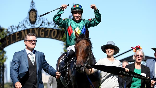 Alligator Blood scoring the 2020 Group 1 Australian Guineas when trained by David Vandyke and ridden by Ryan Maloney. Picture: Getty Images.