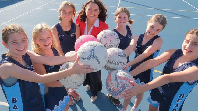 Barwon Heads Football and Netball club funding announcement by Federal labor member Libby Coker to upgrade the Netball facilities and lighting at the football ground Pic shows Federal Labor member Libby Coker with Netball players from left Liv 11 , Sofia 10 , Skye 10 , Zoe 11 , Frankie 11 and Reese 10. Picture: Mark Wilson