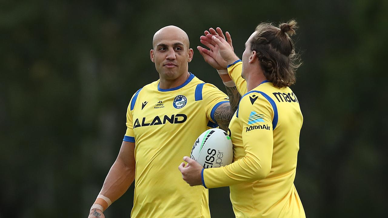 SYDNEY, AUSTRALIA - MARCH 09: Blake Ferguson and Clinton Gutherson of the Eels train during a Parramatta Eels NRL training session at Kellyville Park on March 09, 2021 in Sydney, Australia. (Photo by Mark Metcalfe/Getty Images)
