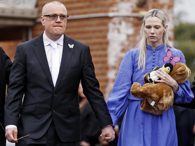 Charlotte’s mother Kelly and father Matt at their daughter’s funeral. Picture: Sam Ruttyn