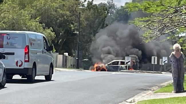 Police are investigating after a car went up in flames at Driftwood Pl, Parkwood about noon.