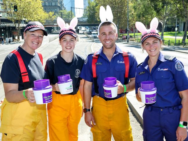 South Warrandyte CFA members Suzie Smith, Grant Blashki, Lou Naus and Annabelle Forsyth collecting on Good Friday. Picture: Ian Currie