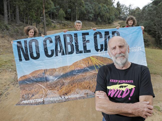 Protesters are ready to act after ministerial authority was granted to Mount Wellington Cableway Company. From left, Louise Sales, Philip Stigant, Ted Cutlan and Tom Crawford. Picture: PATRICK GEE