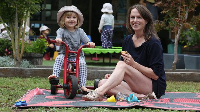 Kerry Martin with daughter Piper McDonough, 3, at KU Centennial Parklands childcare centre in Kensington, Sydney. Picture: Britta Campion