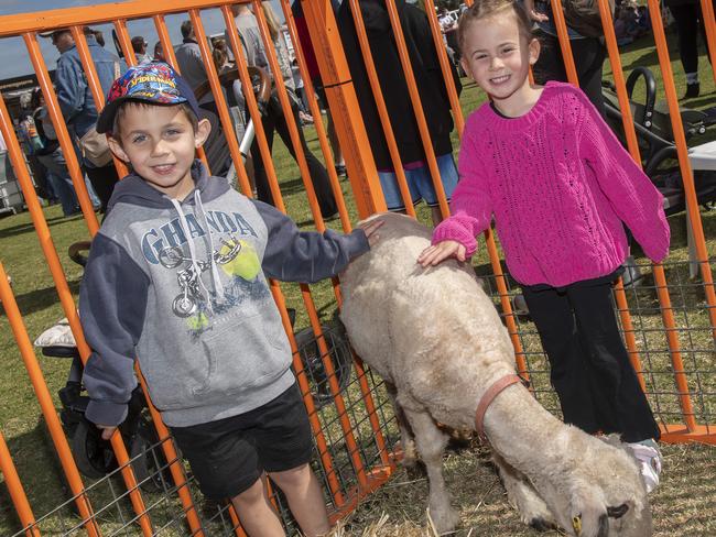 Maitland &amp; Milani Wallace making friends at the petting zoo at the 2024 Swan Hill Show Picture: Noel Fisher.