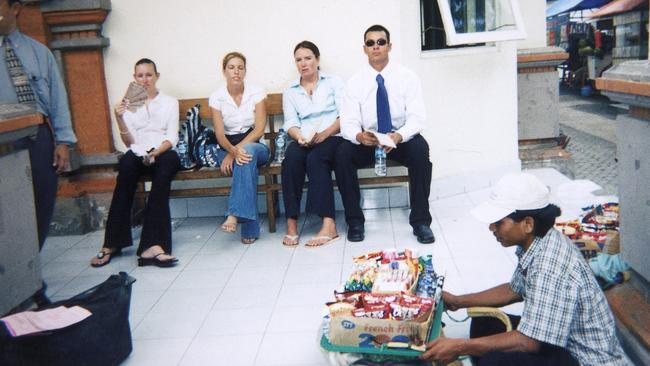 Katrina Richards, Mercedes Corby, Alyth McComb and James Kisina waiting to give evidence at the trial of Schapelle Corby. Picture: Supplied.