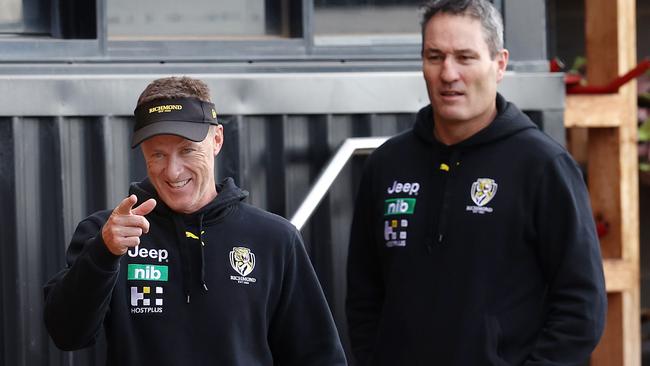 Richmond coach Damien Hardwick and the Tigers football boss Tim Livingstone during a training session at Punt Road in 2020. Picture: Michael Klein