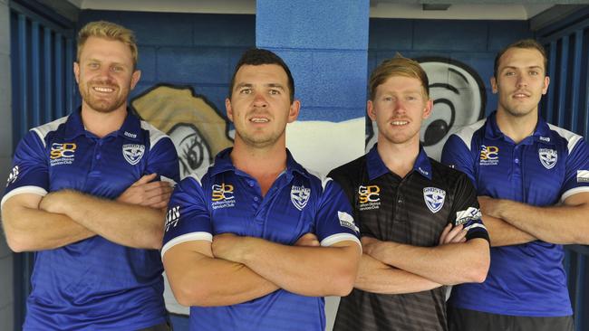 Adam Slater, Todd Cameron, Mitch Gorman and Dylan Collett at Frank McGurren Field for announcement of Cameron's new role as coach captain of the Grafton Ghosts.