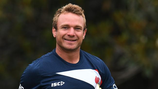 Sydney Roosters' Jake Friend during a training session in Sydney, Monday, March 5, 2018. The NRL Season gets underway this Thursday with round 1. (AAP Image/Dean Lewins) NO ARCHIVING