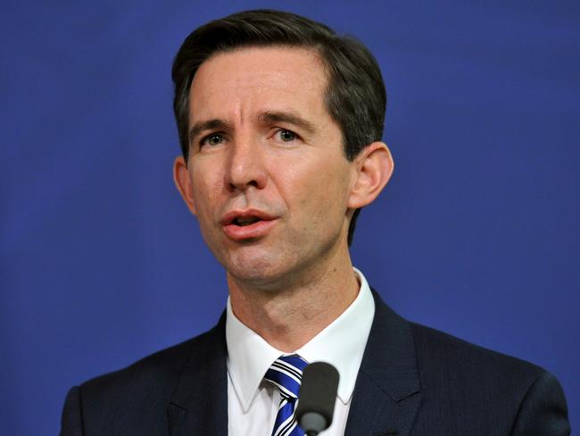 Federal Education Minister Simon Birmingham speaks to the media in Sydney yesterday about a needs-based funding model for schools over the next decade. Picture: AAP Image/Joel Carrett