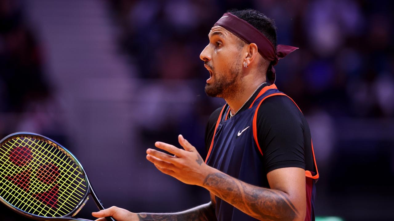 DUBAI, UNITED ARAB EMIRATES - DECEMBER 21: Nick Kyrgios of Eagles reacts in their men's singles match against Grigor Dimitrov of Falcons during day three of the World Tennis League at Coca-Cola Arena on December 21, 2022 in Dubai, United Arab Emirates. (Photo by Francois Nel/Getty Images)