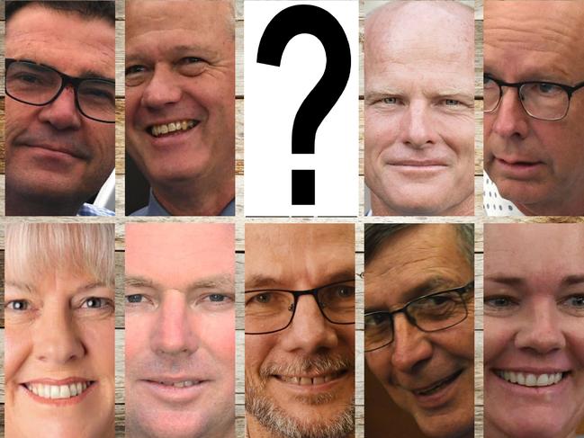 Gympie Regional Councillors (clockwise from left) Bruce Devereaux, Warren Polley, Town Hall, Mayor Glen Hartwig, Bob Fredman, Jess Milne, Deputy Mayor Hilary Smerdon, Dan Stewart, Shane Waldock and Dolly Jensen. With question mark inset at top centre.