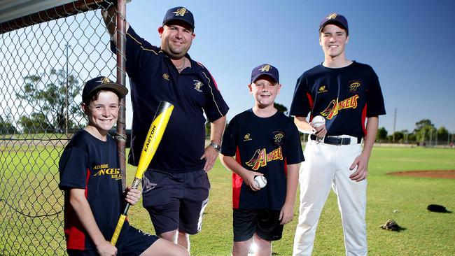 Adelaide Angels Baseball Club members Lewis Rayson, Chris Frick, Tom Ganley and Peter Nagle at Weigall Oval. Source: File