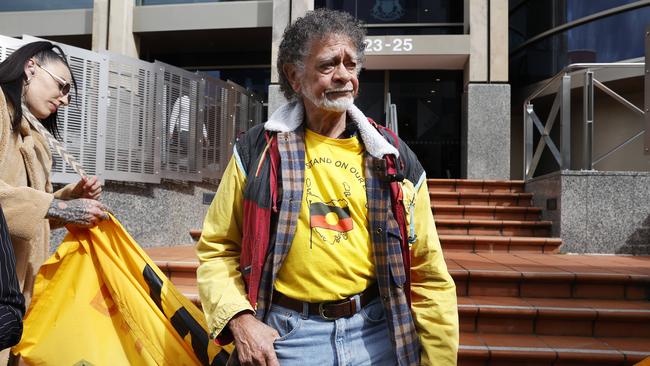 Palawa Elder Jim Everett out the front of Hobart Magistrates Court as he was due to appear in relation to on charges of trespass in a forest logging coupe. Picture: Nikki Davis-Jones