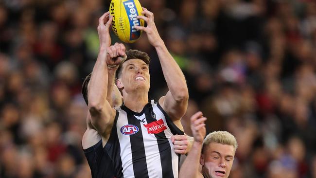 Collingwood forward Brody Mihocek marks in the fourth quarter. Picture: Michael Klein