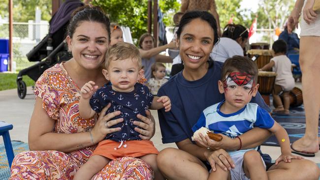 Poppy Pastrikos, Matthew Pastrikos, Chantelle Filipe Kathopoulis and Rafael Kathopoulis as families enjoy a day of fun and activities at a special Harmony Day celebration at the Malak Community Centre as part of the Fun Bus program. Picture: Pema Tamang Pakhrin