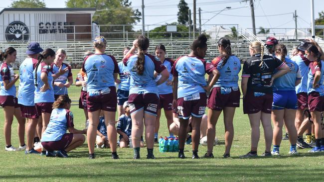 CQ Capras women go through their paces in a trial match against the clubâ€™s under-19s at Browne Park on Saturday, February 12, 2022.
