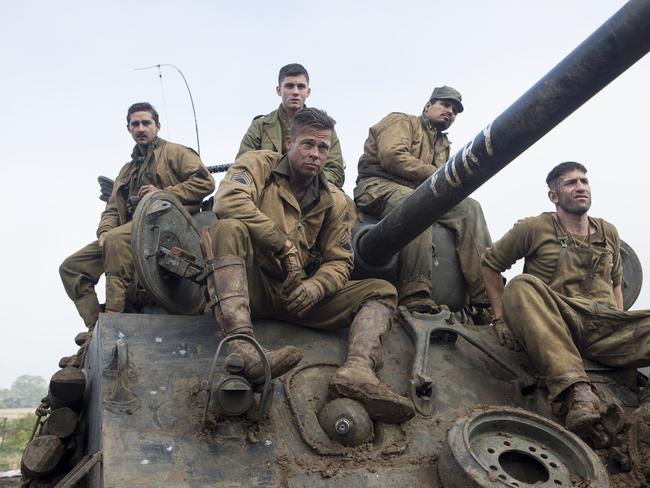 L-R: Boyd Swan (Shia LaBeouf), Norman Ellison (Logan Lerman), Don "Wardaddy" Collier (Brad Pitt) Trini Garcia (Michael Pena) and Grady Travis (Jon Bernthal) in a scene from Columbia Pictures' film FURY.