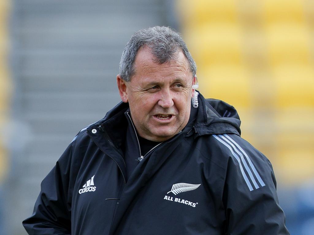 WELLINGTON, NEW ZEALAND - JULY 14: Coach Ian Foster looks on during a New Zealand All Blacks training session at Sky Stadium on July 14, 2022 in Wellington, New Zealand. (Photo by Hagen Hopkins/Getty Images)