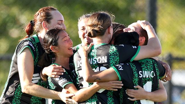 Western United women’s team celebrate a goal this season. The team is likely to play the first ever game at Tarneit. Photo by Jonathan DiMaggio/Getty Images