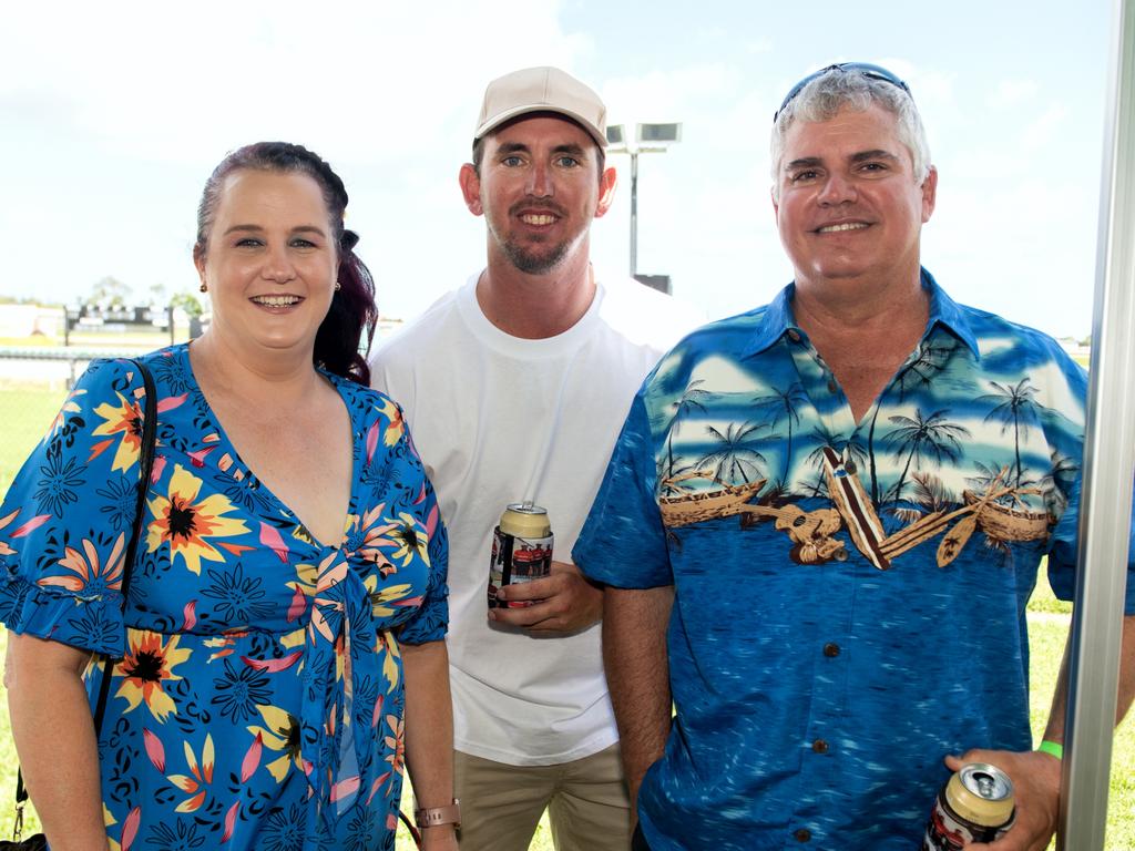 Melanie Woodman from Mackay City, Nick Robinson from Maryborough and Dave Wynne from Mackay City at the Hawaiian Christmas Race Day. Mackay Turf Club, Ooralea. Picture: Michaela Harlow