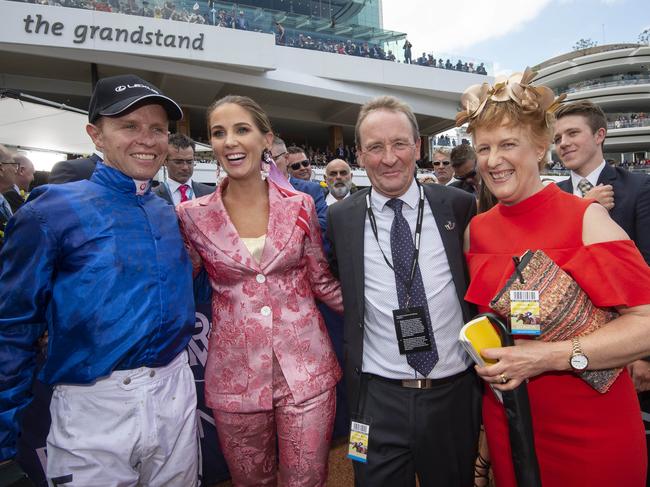 Kerrin McEvoy with wife Cathy and parents Tracy and Phillip after winning the Melbourne Cup aboard Cross Counter. Picture Jay Town