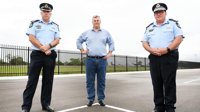 Minister for Police and Community Safety, Mark Ryan MP (middle), Acting Assistant Commissioner for the Northern Police Region, Chris Hodgman and Acting Assistant Commissioner for Youth Crime, Andrew Massingham provide an update on Stage 1 of the new Kirwan Police Complex. Picture: Shae Beplate.