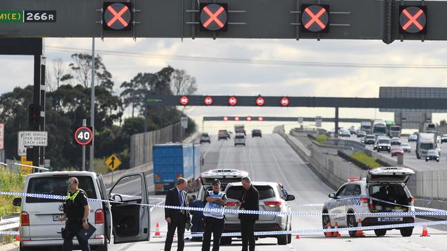 Police at the scene where a man was shot dead on the Monash Freeway. Picture: AAP