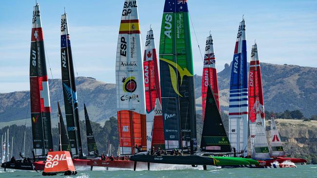 SailGP fleet in action at the New Zealand Sail Grand Prix in Christchurch, New Zealand. (Photo by Bob MARTIN / SailGP / AFP)