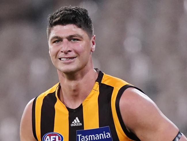 Jonathon Patton of the Hawks celebrates a goal during the Round 3 AFL Match between the Richmond Tigers and the Hawthorn Hawks at the MCG in Melbourne, Thursday, June 18, 2020. (AAP Image/Michael Dodge) NO ARCHIVING, EDITORIAL USE ONLY