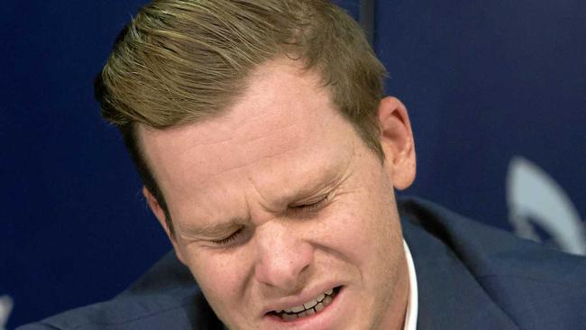 Former Australian cricket captain Steve Smith breaks down delivering his emotional apology. Picture: Steve Christo