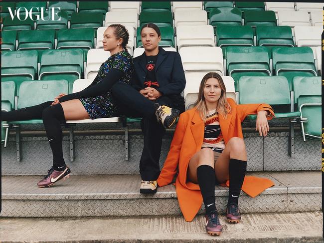 Kyah Simon, Sam Kerr and Steph Catley. Picture: James Robjant/Vogue Australia in partnership with Nike