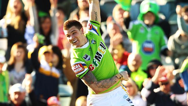 Josh Dugan celebrates after scoring a try during Canberra Raiders v St George-Illwarra Dragons NRL game at Canberra Stadium in Canberra.