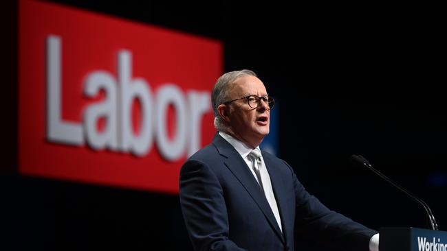 Prime Minister Anthony Albanese at the 49th ALP National Conference 2023 in Brisbane. Picture: Dan Peled