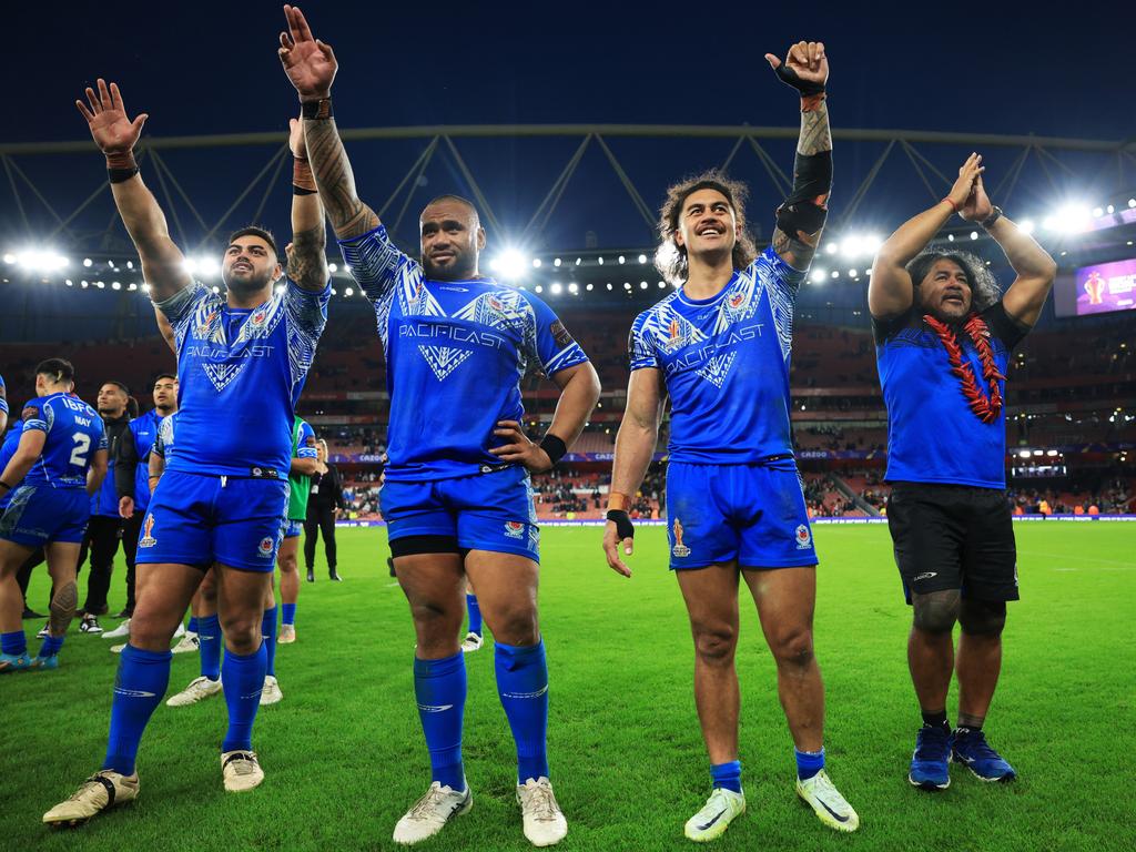 Junior Paulo (2L) committed to Samoa once his Origin duties were done. Picture: Matthew Lewis/Getty Images for RLWC