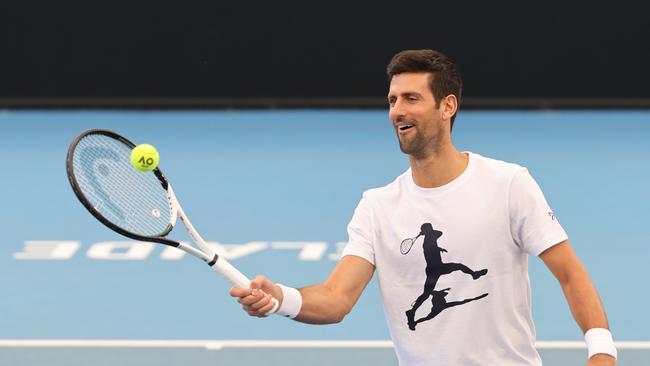 Djokovic was in a jovial mood during his practice session on Wednesday. Picture: NCA NewsWire / David Mariuz