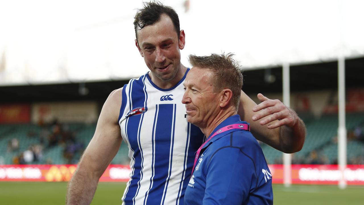 Goldstein (L) has played the 11th most games for the Kangaroos. (Photo by Dylan Burns/AFL Photos via Getty Images)