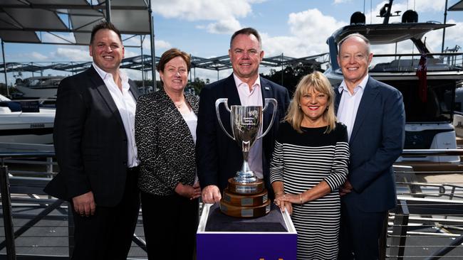 CEO of Sanctuary Cove Golf and Country Club Paul Sanders, CEO of the WPGA Tour of Australasia Karen Lunn, CEO of the PGA of Australia Gavin Kirkman, City of Gold Coast Deputy Mayor Donna Gates, CEO of Mulpha Australia Greg Shaw with the Karrie Webb Cup after it was announced that the Australian WPGA Championship would be played at Sanctuary Cove on the Gold Coast. Picture: Dan Peled.