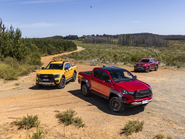 The Toyota HiLux GR, Ford Ranger Wildtrak X, Volkswagen Amarok PanAmericana. Picture: Mark Bean