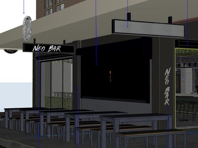 Front facade of Neo Bar, computer generated image