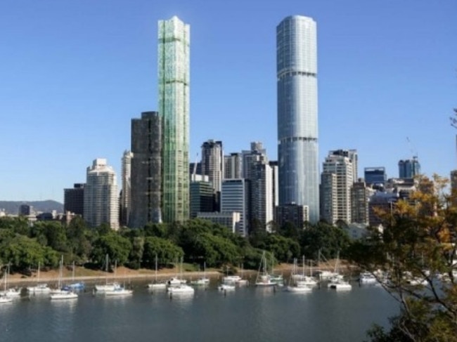 Brisbane’s 30 Albert Street, left, and Skytower, both under construction, will both reach the city’s ceiling height limit of 270m.