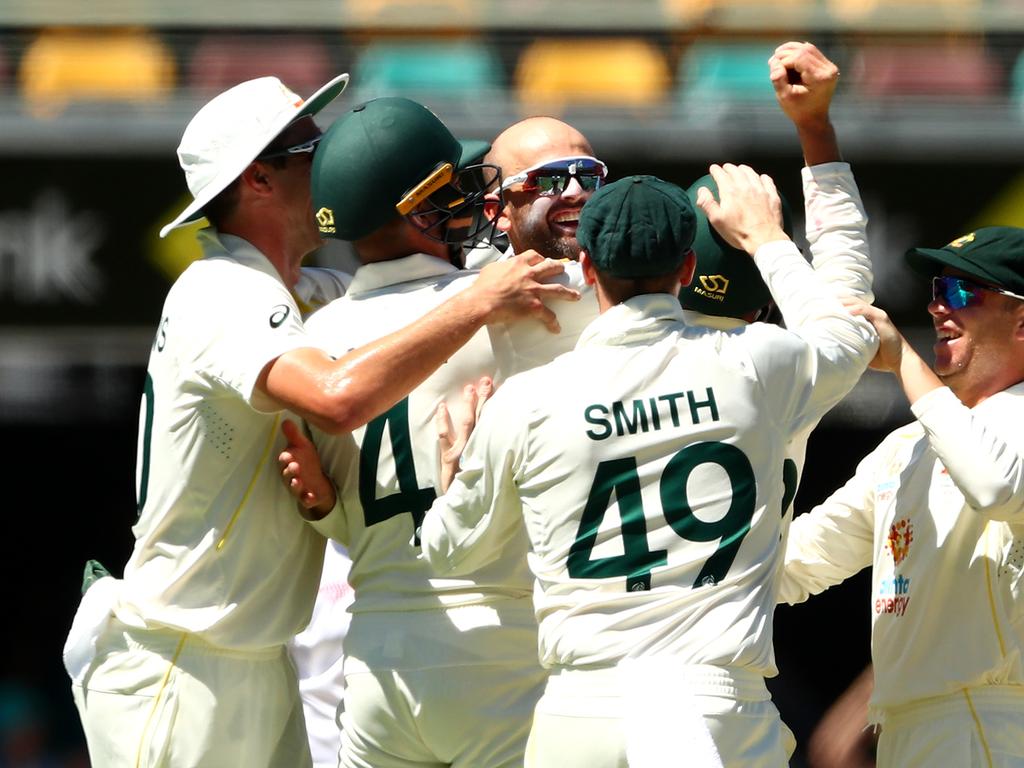 Nathan Lyon celebrates his 400th Test wicket. Picture: Chris Hyde/Getty