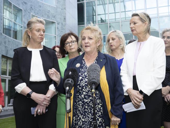 Liberal Member for Capricornia Michelle Landry with the Deputy Leader of the Opposition Sussan Ley and Coalition women during a press conference accusing the PM of “bullying”. Picture: NCA NewsWire