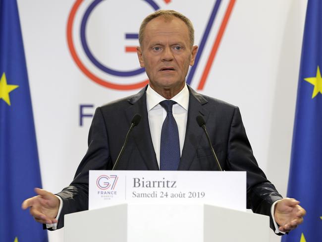 President of the European Council Donald Tusk speaks during a press conference on the first day of the G-7 summit in Biarritz, France. Picture: AP