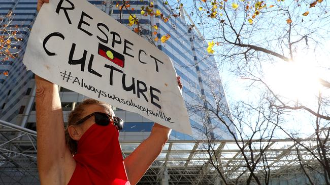 Protesters rally outside Rio Tinto’s office in Perth int he wake of the Juukan Gorge caves destruction in the Pilbara.